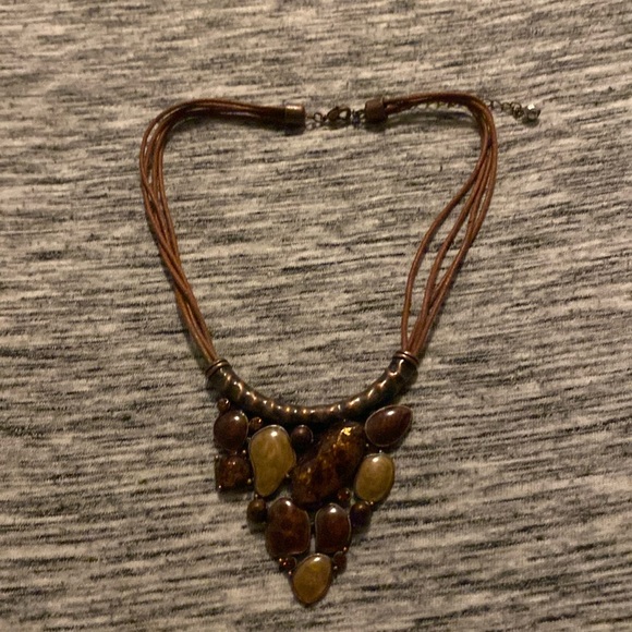 Multi-Stone Brown Triangular Statement Necklace on Brown Cords Costume Jewelry - Picture 2 of 11